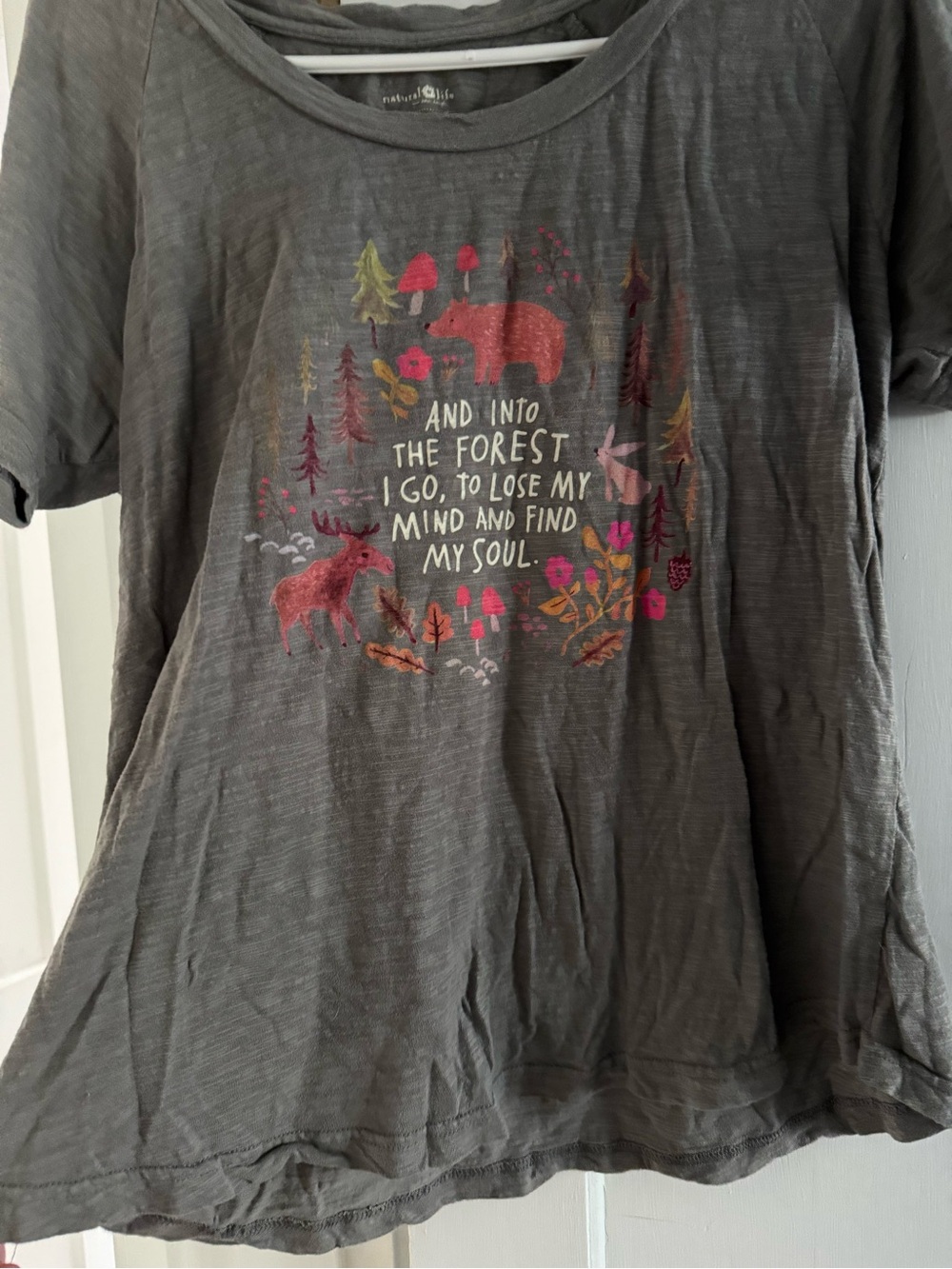 NATURAL LIFE Gray Tee with Pink and Green Forest Graphic